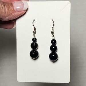 Black Beaded Drop Silvertone French Hook Earrings NWOT